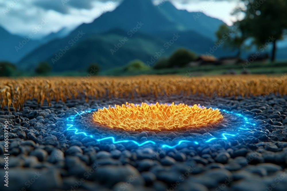 Poster Holographic display showing data on crop yields in a rural farm setting, symbolizing the fusion of technology and food security