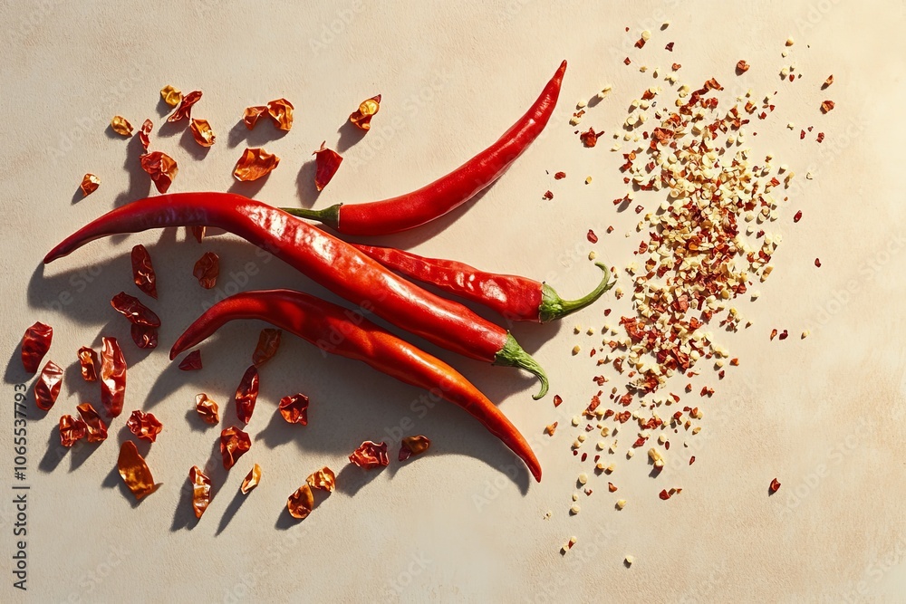Poster A close-up image of four whole red chili peppers on a beige surface, surrounded by crushed and dried chili flakes creating a lively and spicy visual.