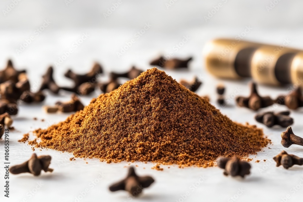 Aufkleber a mound of ground cloves is prominently displayed, surrounded by whole dried cloves on a white surfa