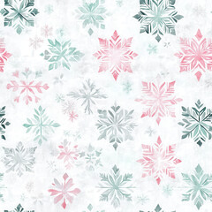 beautiful pattern of pastel snowflakes in shades of pink, green, and gray on soft white background, perfect for winter themed designs