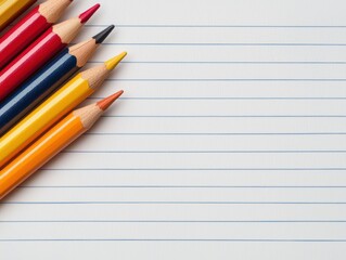 Colored Pencils on White Lined Paper Background