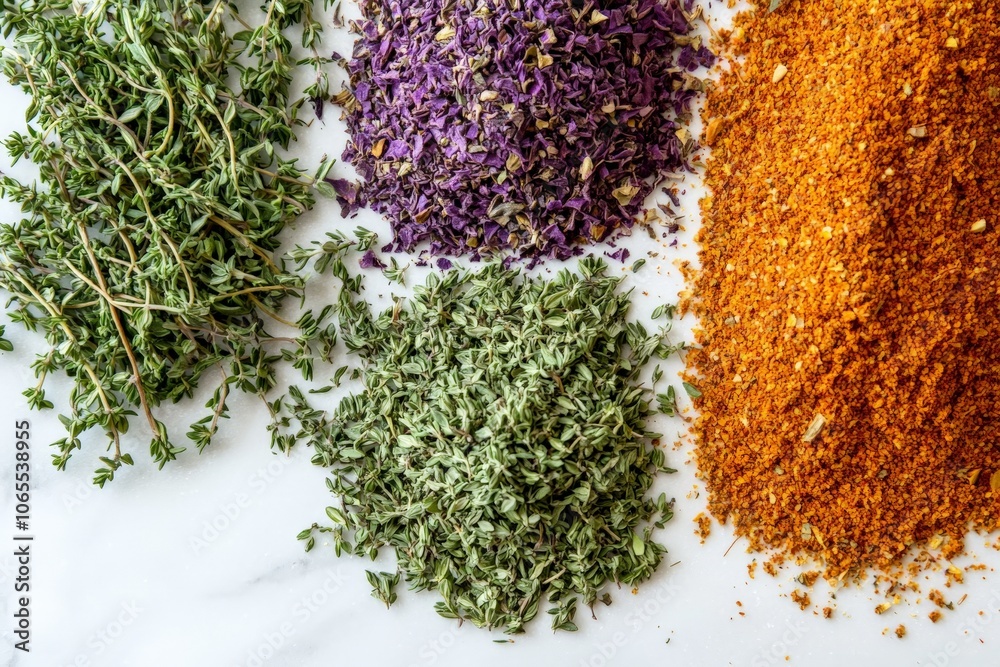 Poster A colorful array of herbs and spices is spread on a marble surface, each unique in color and form, employed for artistic and culinary purposes, adding flavor to food.
