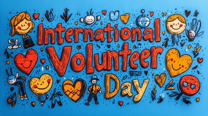 Obraz premium Cheerful International Volunteer Day sign with colorful icons and playful lettering