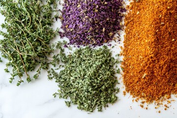 A colorful array of herbs and spices is spread on a marble surface, each unique in color and form, employed for artistic and culinary purposes, adding flavor to food.