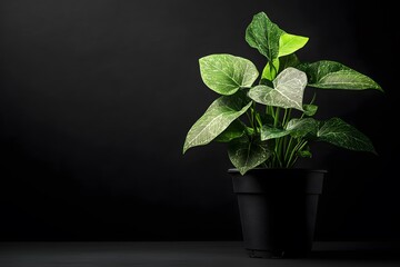 Fototapeta premium growth of young potted plant on the black background, representing minimalism, new beginnings and hope