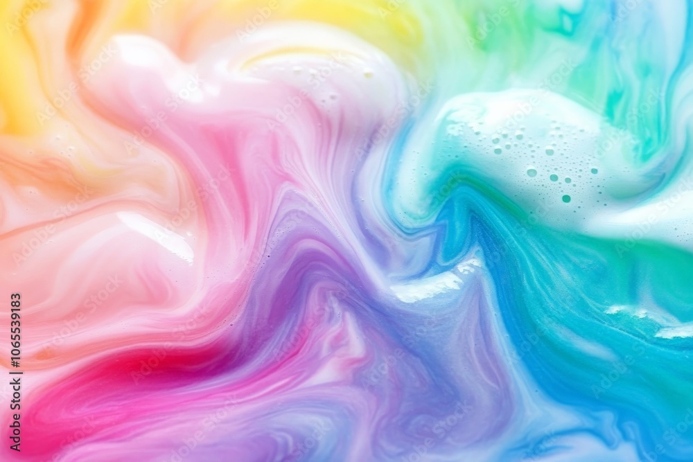 Aufkleber Rainbow-colored liquid art captivates with its foamy swirls, creating a mesmerizing visual display of vivid colors blending seamlessly, sparking joy and imagination.