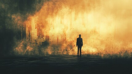 Fototapeta premium A Solitary Figure Gazing at an Abstract Golden Wall of Data