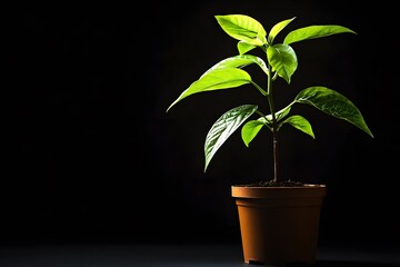 Obraz premium growth of young potted plant on the black background, representing minimalism, new beginnings and hope