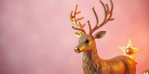 Fototapeta premium A Glittering Golden Reindeer Figurine with Delicate Antler Details Stands Against a Soft Pink Background