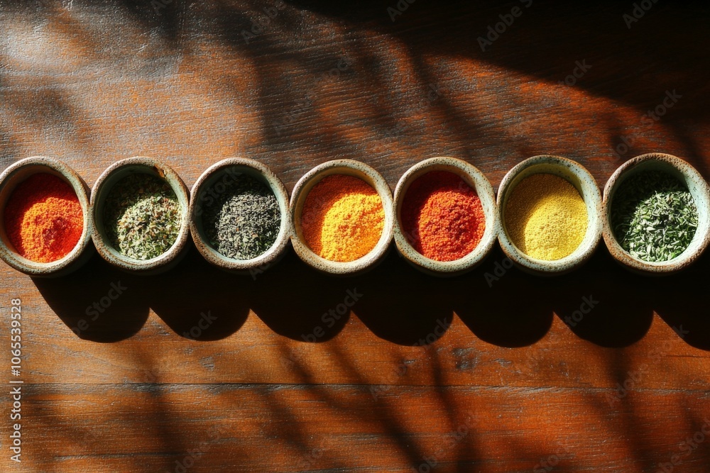 Aufkleber A collection of colorful spices is neatly arranged in small, round bowls resting on a wooden surface, beautifully illuminated by natural sunlight creating shadows.