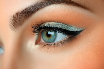 Obraz premium close up of girl eye on skill fully applied makeup with shimmery eyeshadow, defined eyeliner