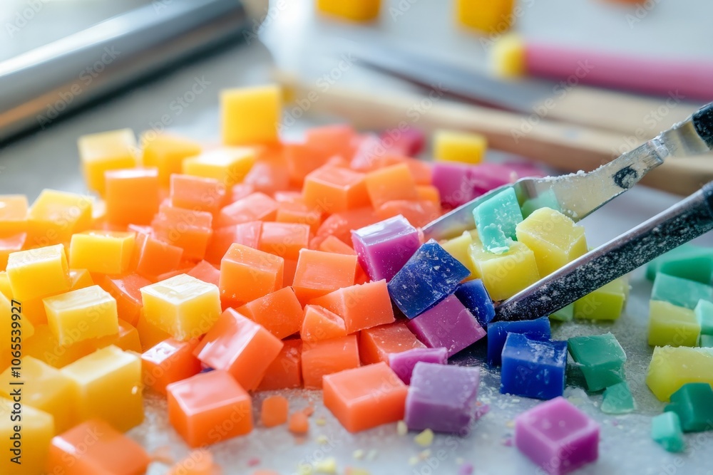 Poster Brightly colored wax cubes scattered across a table, creating a vibrant and artistic workspace scene full of creative potential and inspiration.