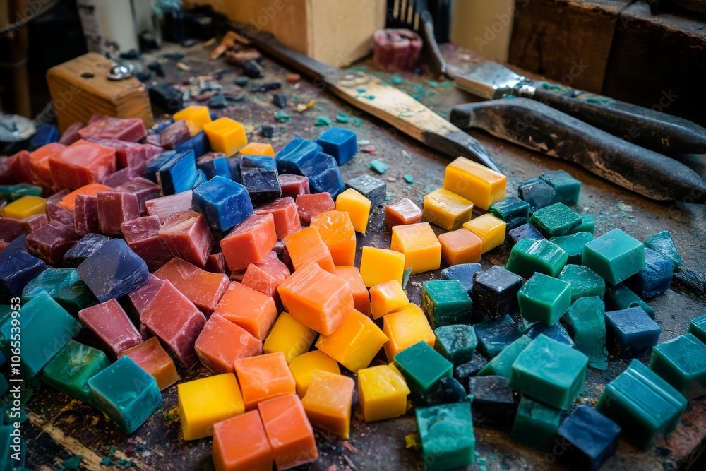 Poster vividly colored wax cubes are organized on a creative workspace desk, offering a glimpse into an art