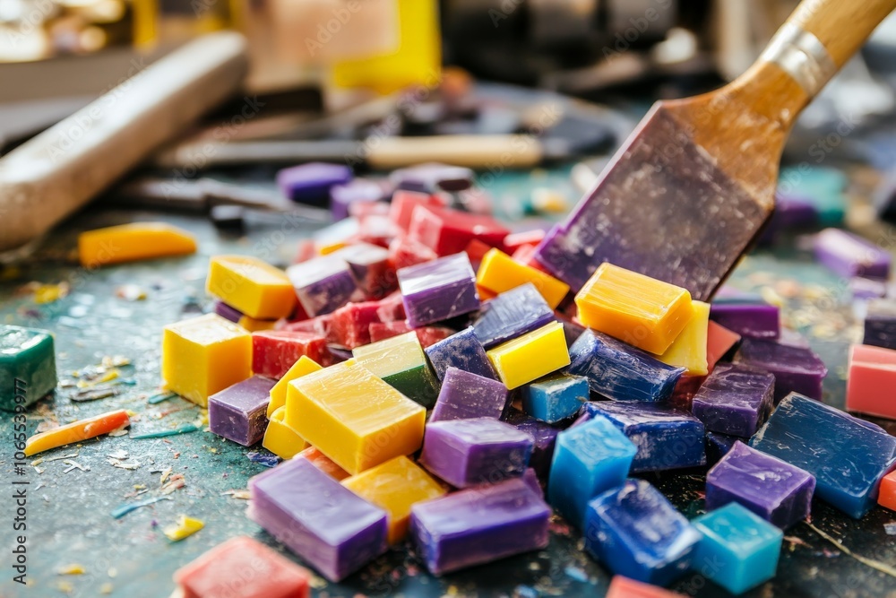 Poster a variety of vivid wax cubes are being carefully shaped in an artistic space, highlighting the creat