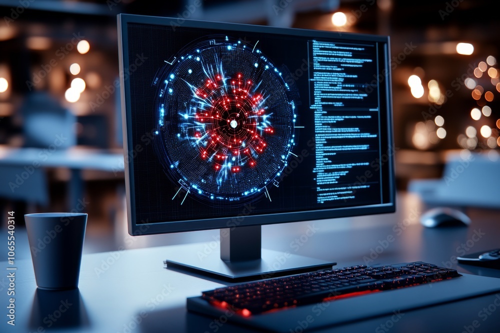 Poster Network activity heatmap on a computer screen showing unusual activity, indicative of a zero-day exploit detection