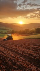 Fototapeta premium Sunset farming scene with tractor and soil preparation for World Soil Day