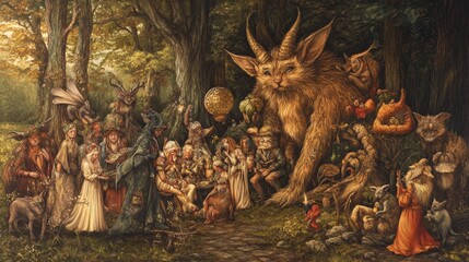 A magical gathering in the enchanted forest  fairies, wizards, and mythical beings unite