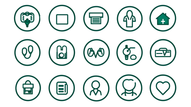 Set of minimalist vector icons. Icons representing health, dental insurance, family, nurse and vision.