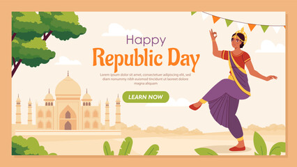Happy India republic day banner. Young girl dances in traditional Indian clothing near Taj Mahal. Freedom and patriotism. Flat vector illustration