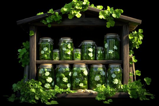 Old-fashioned illustration of a rural pantry stocked with preserved food, symbolizing traditional food security techniques