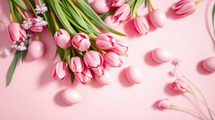 Fototapeta premium Delicate pink tulips and pastel eggs scattered on a soft pink background create a whimsical springtime scene.