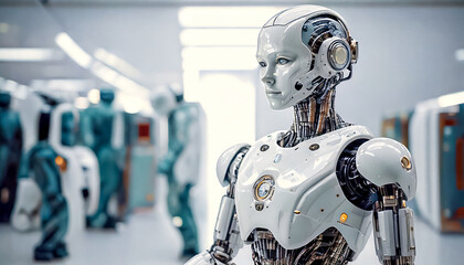Fototapeta premium Design and testing, development of prototypes of humanoid robots, androids for various industries