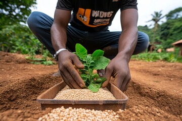 Fototapeta premium Person storing freshly harvested grains in a secure container, symbolizing preservation techniques in rural food security