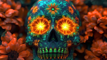 Fototapeta premium A Sugar Skull Decorated with Bright Orange Flowers