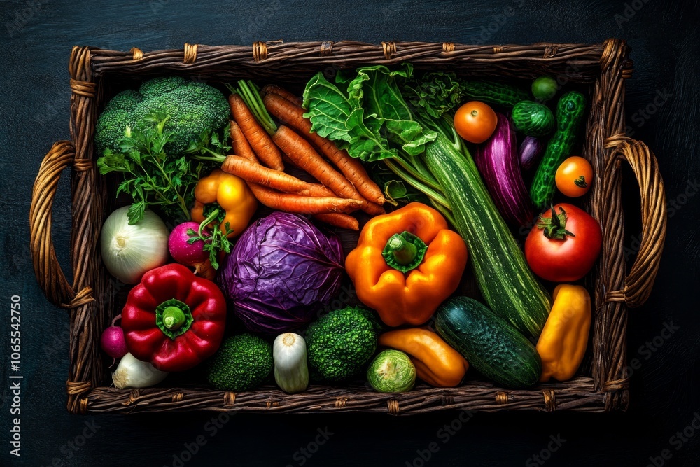 Poster pixel art of a selection of colorful organic vegetables in a rustic basket, evoking a retro gaming s