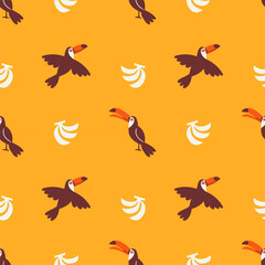 Obraz premium Retro toucan bird summer seamless pattern. Hand drawn style tropical background illustration. Vintage exotic nature textile print, jungle animal texture with banana fruit.