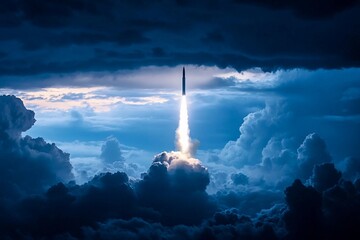 A rocket launch pierces the dawn clouds, lighting the sky with fire. Generative AI
