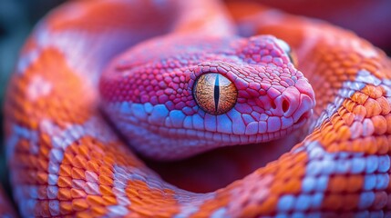 Fototapeta premium Close-up of a red and orange snake's head with a bright yellow eye.