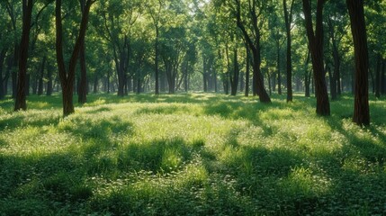Fototapeta premium A serene forest scene with lush greenery and dappled sunlight filtering through trees.