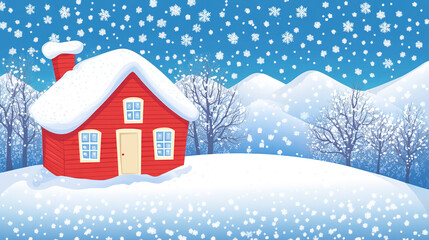 Fototapeta premium Illustration of a small wooden house in the snow during winter
