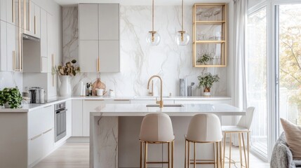 Fototapeta premium Modern Kitchen Interior with White Cabinets, Marble Backsplash, and Gold Accents