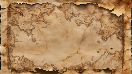 Fototapeta premium Antique treasure map depicting islands and coastlines on aged parchment paper, evoking adventure and exploration in a distant ocean