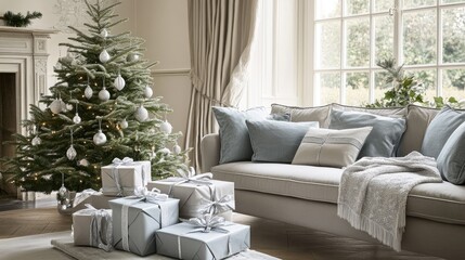 Obraz premium Beautifully wrapped presents with silver ribbons under a modern, elegantly decorated Christmas tree, creating a warm holiday setting in a cozy room.