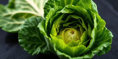 Obraz premium A vibrant green cabbage head unfolds its leaves, revealing a pale heart of light and a delicate texture