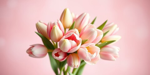Fototapeta premium A delicate bouquet of blush pink tulips, their petals gently unfurling against a soft pink background, captures the essence of springtime beauty.