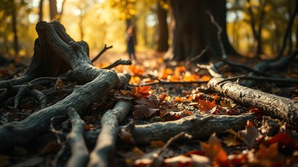 Obraz premium Fallen leaves blanket the forest floor, creating a tapestry of orange, brown, and yellow hues, while sunbeams filter through the canopy, illuminating the intricate network of branches and roots.