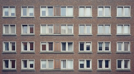 Bricks arranged neatly on an exterior wall, with mortar applied evenly, creating a uniform and classic look on the building's facade.