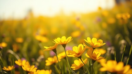 Fototapeta premium A vibrant field of yellow wildflowers basking in the warm glow of the setting sun, creating a picturesque scene of nature's beauty.