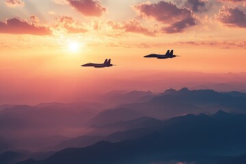 fighter jet in the sky at sunset