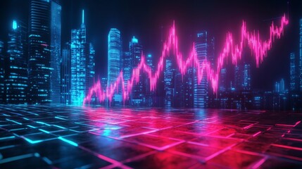 A Neon Cityscape with a Pink Stock Market Graph