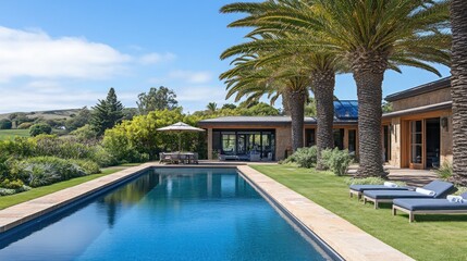 Fototapeta premium A serene villa with a pool surrounded by palm trees and lush greenery.