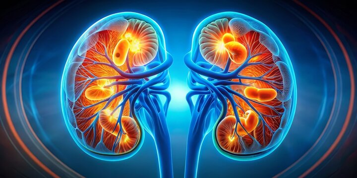 3D Render of Human Kidneys with Emphasis on Nephrons and Blood Vessels