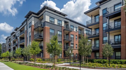 Fototapeta premium Modern apartment complex with balconies and landscaped surroundings under a blue sky.