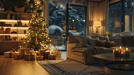 Cozy living room with a beautifully decorated Christmas tree, surrounded by a variety of gift boxes in different sizes and festive colors, softly lit by warm fairy lights.
