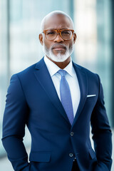 A distinguished man in formal attire exudes confidence while standing outside a contemporary building