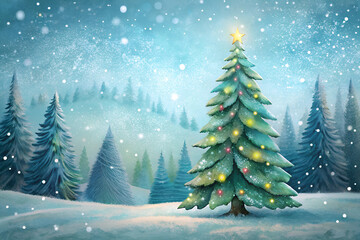 Obraz premium Snow-Covered Christmas Tree with Delicate Fairy Lights in a Winter Forest, Subtle Snowfall, Rich Greens and Cool Whites, Peaceful Holiday Scene, Perfect for a Serene Seasonal Card, with Copy Space